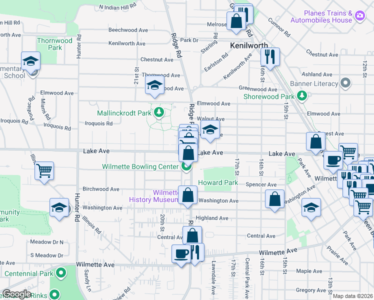 map of restaurants, bars, coffee shops, grocery stores, and more near 917 Ridge Road in Wilmette