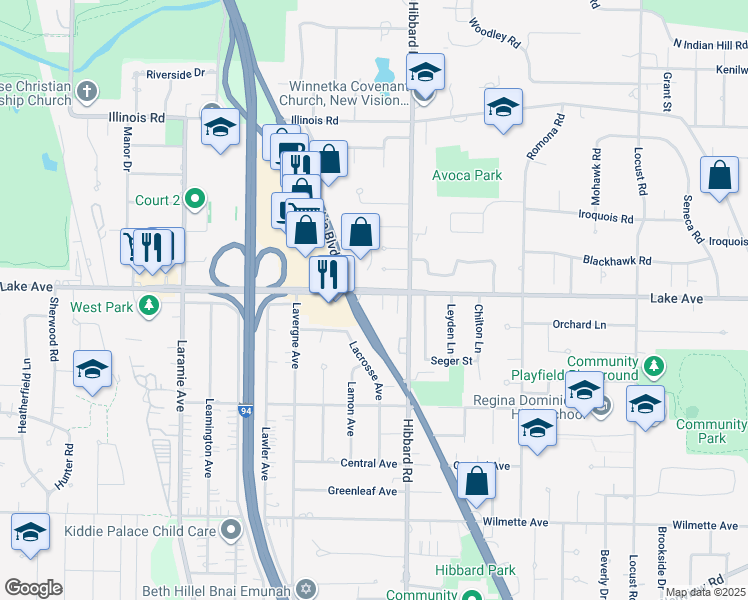 map of restaurants, bars, coffee shops, grocery stores, and more near 3123 Lake Avenue in Wilmette