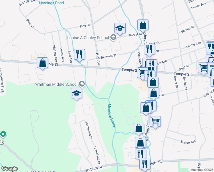 map of restaurants, bars, coffee shops, grocery stores, and more near 418 Temple Street in Whitman