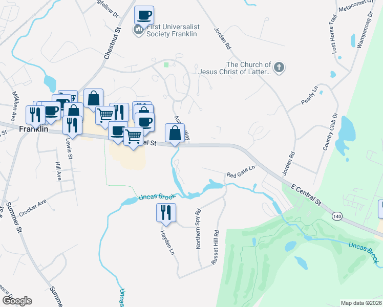 map of restaurants, bars, coffee shops, grocery stores, and more near 470 Massachusetts 140 in Franklin