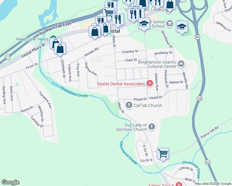 map of restaurants, bars, coffee shops, grocery stores, and more near 518 Main Street in Vestal