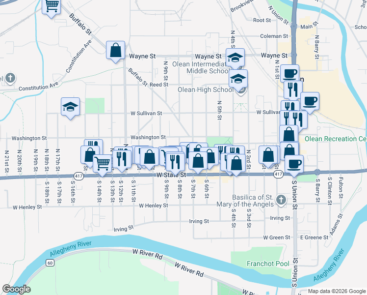 map of restaurants, bars, coffee shops, grocery stores, and more near 150 North 8th Street in Olean