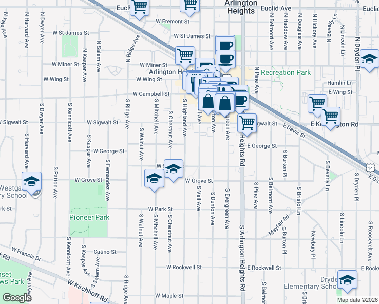 map of restaurants, bars, coffee shops, grocery stores, and more near 202 South Highland Avenue in Arlington Heights