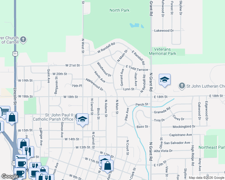 map of restaurants, bars, coffee shops, grocery stores, and more near 1859-1905 North Main Street in Carroll