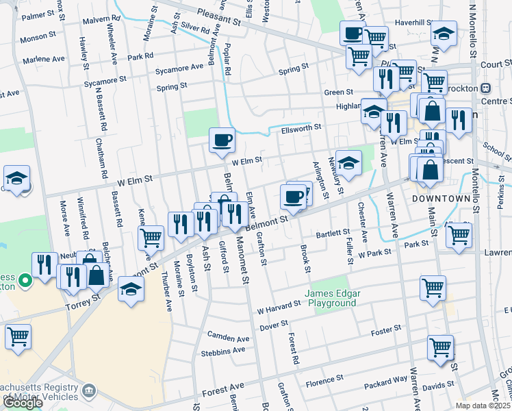 map of restaurants, bars, coffee shops, grocery stores, and more near 56 Elm Avenue in Brockton