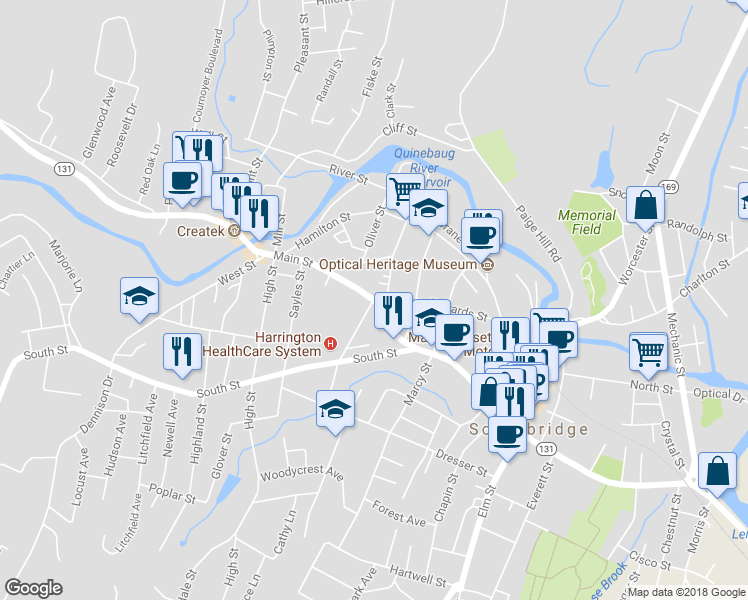 map of restaurants, bars, coffee shops, grocery stores, and more near 574 Main Street in Southbridge