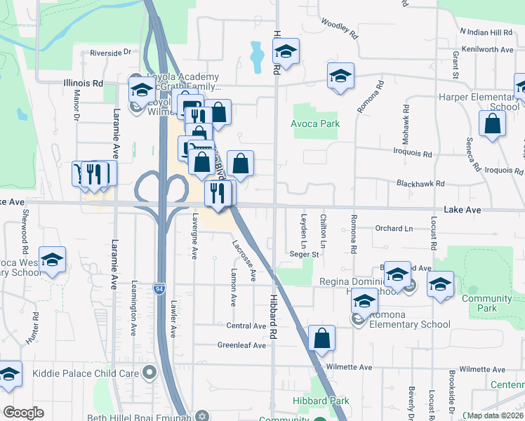 map of restaurants, bars, coffee shops, grocery stores, and more near 3119 Lake Avenue in Wilmette