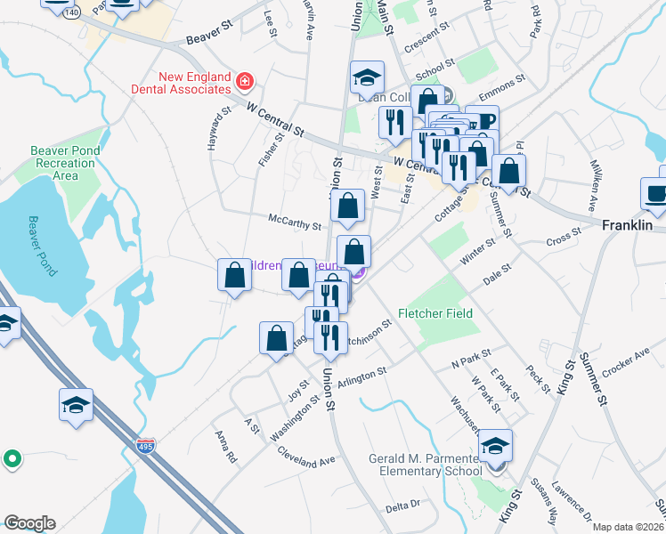 map of restaurants, bars, coffee shops, grocery stores, and more near 284 Union Street in Franklin