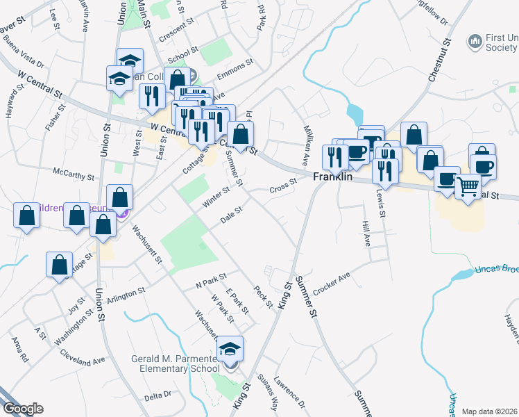 map of restaurants, bars, coffee shops, grocery stores, and more near 91 Summer Street in Franklin