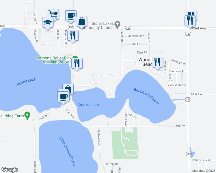 map of restaurants, bars, coffee shops, grocery stores, and more near 67216 Oak Court in Dowagiac