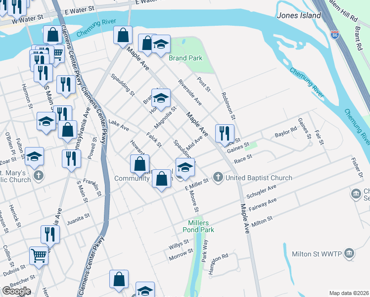map of restaurants, bars, coffee shops, grocery stores, and more near 717 Spaulding Street in Elmira