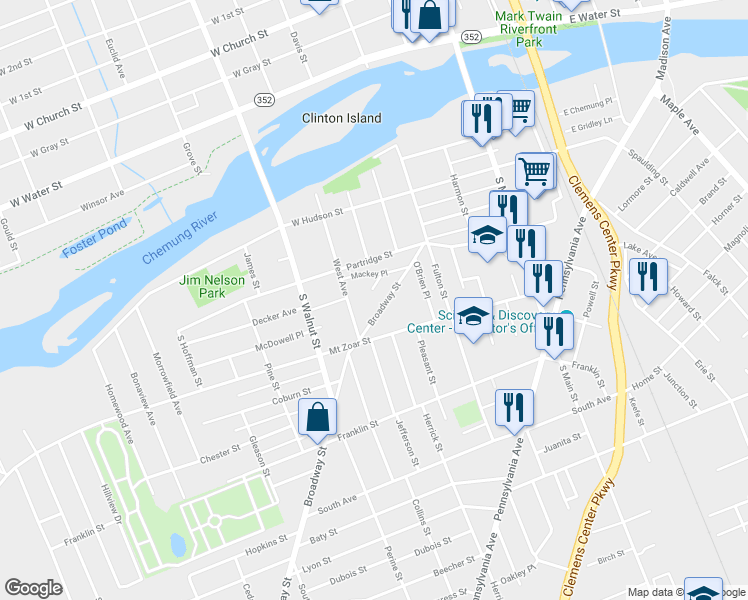 map of restaurants, bars, coffee shops, grocery stores, and more near 330 Broadway Street in Elmira
