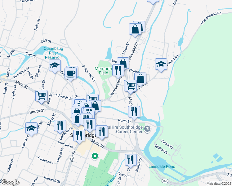 map of restaurants, bars, coffee shops, grocery stores, and more near 27 Thomas Street in Southbridge
