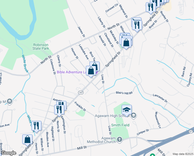 map of restaurants, bars, coffee shops, grocery stores, and more near 646 Springfield Street in Agawam