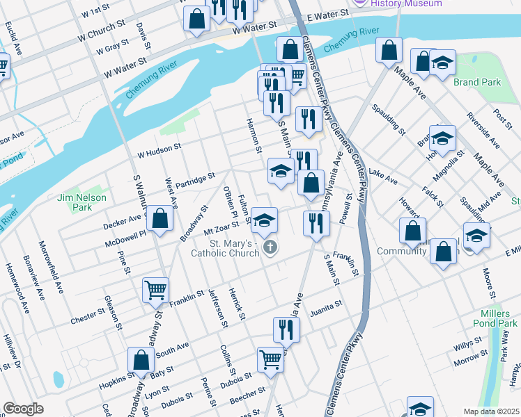 map of restaurants, bars, coffee shops, grocery stores, and more near 101 Canton Street in Elmira