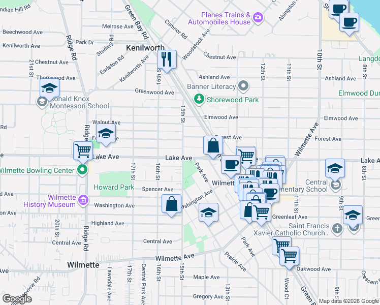 map of restaurants, bars, coffee shops, grocery stores, and more near 1460 Lake Avenue in Wilmette