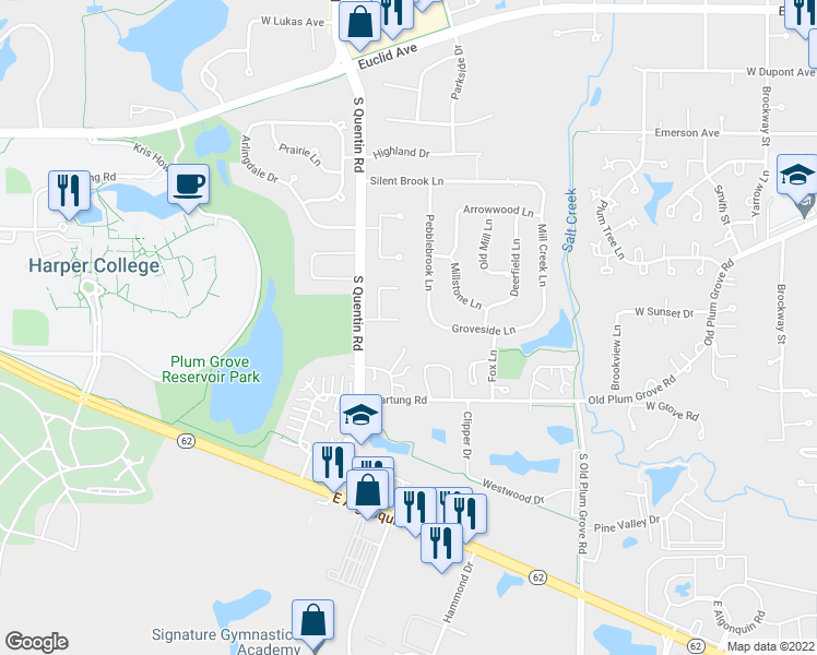 map of restaurants, bars, coffee shops, grocery stores, and more near 5707 Buckingham Ct in Rolling Meadows