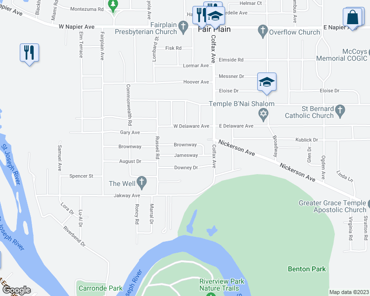 map of restaurants, bars, coffee shops, grocery stores, and more near 206 Brownway in Benton Harbor