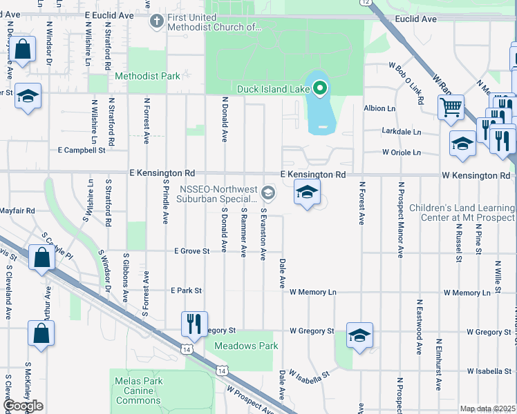 map of restaurants, bars, coffee shops, grocery stores, and more near 201 South Evanston Avenue in Arlington Heights