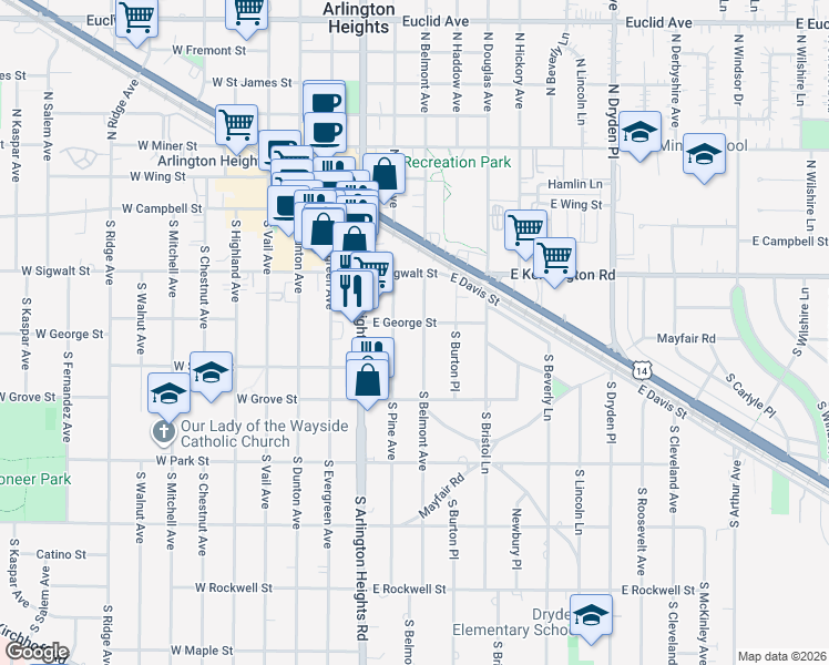 map of restaurants, bars, coffee shops, grocery stores, and more near 201 South Belmont Avenue in Arlington Heights