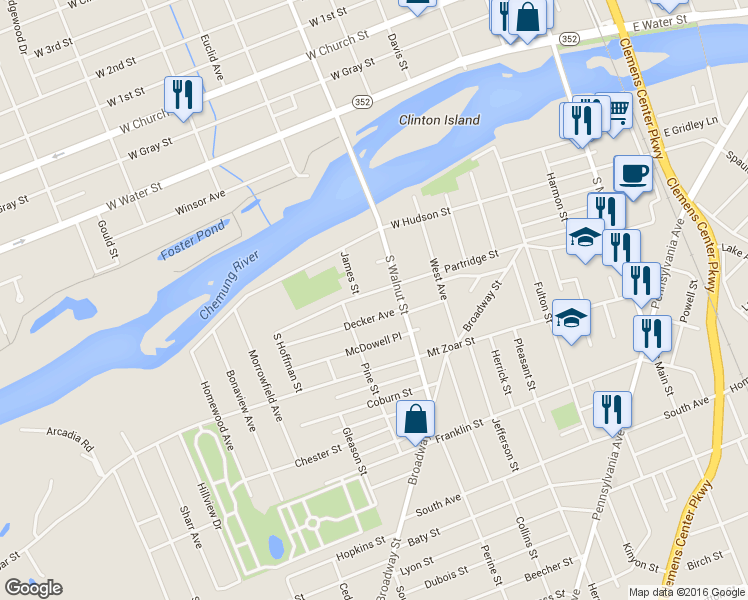 map of restaurants, bars, coffee shops, grocery stores, and more near 535 Partridge Street in Elmira
