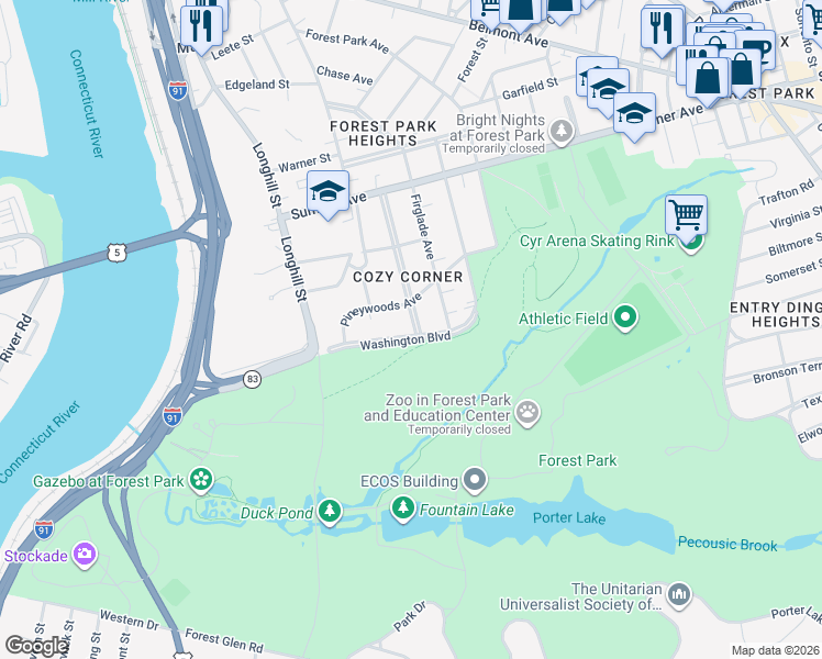 map of restaurants, bars, coffee shops, grocery stores, and more near 140 Magnolia Terrace in Springfield