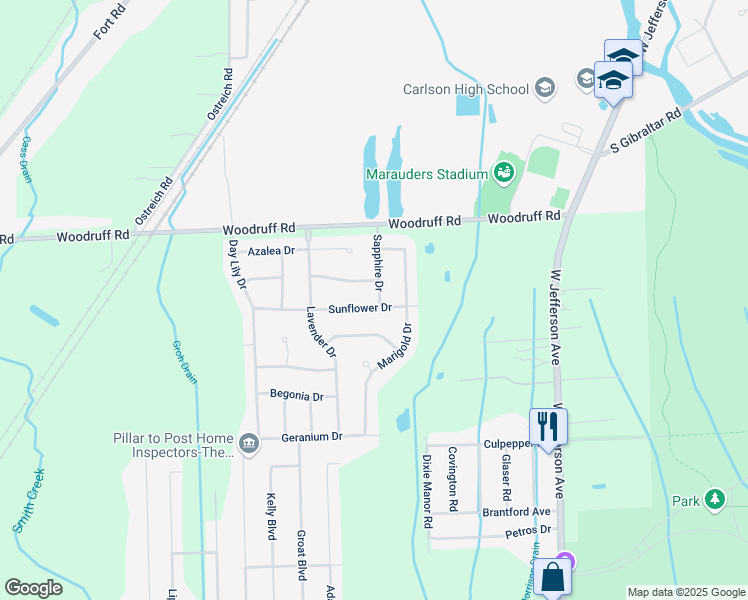 map of restaurants, bars, coffee shops, grocery stores, and more near 31301 Sapphire Drive in Brownstown Charter Township