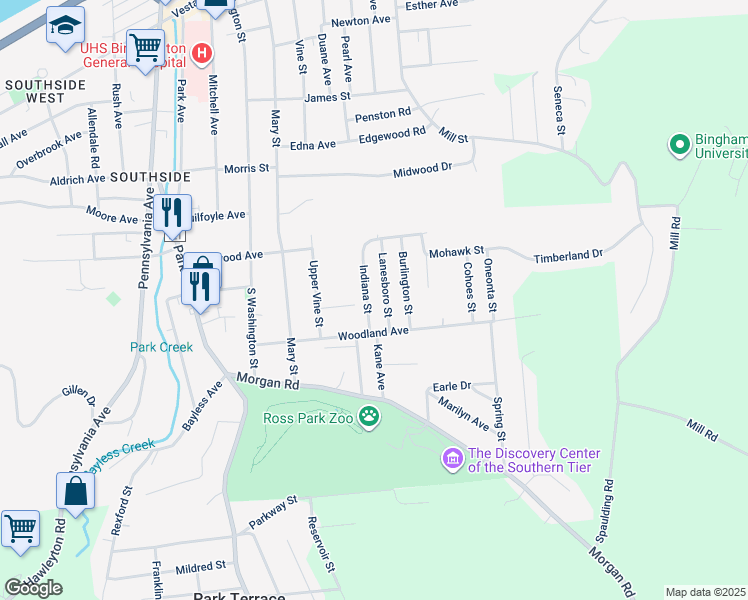 map of restaurants, bars, coffee shops, grocery stores, and more near 23 Indiana Street in Binghamton
