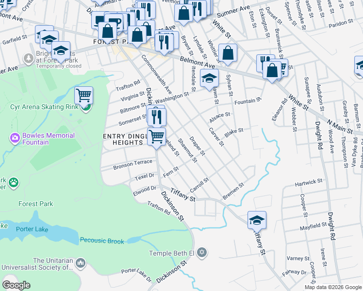 map of restaurants, bars, coffee shops, grocery stores, and more near 116-118 Shawmut Street in Springfield