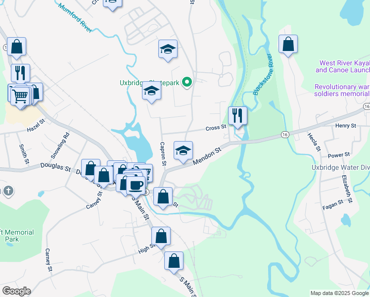map of restaurants, bars, coffee shops, grocery stores, and more near 20 Oak Street in Uxbridge