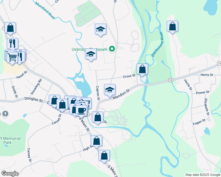 map of restaurants, bars, coffee shops, grocery stores, and more near 20 Oak Street in Uxbridge