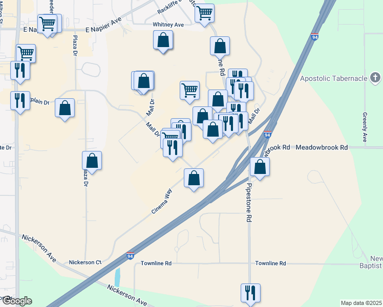 map of restaurants, bars, coffee shops, grocery stores, and more near 1485 Mall Drive in Benton Harbor