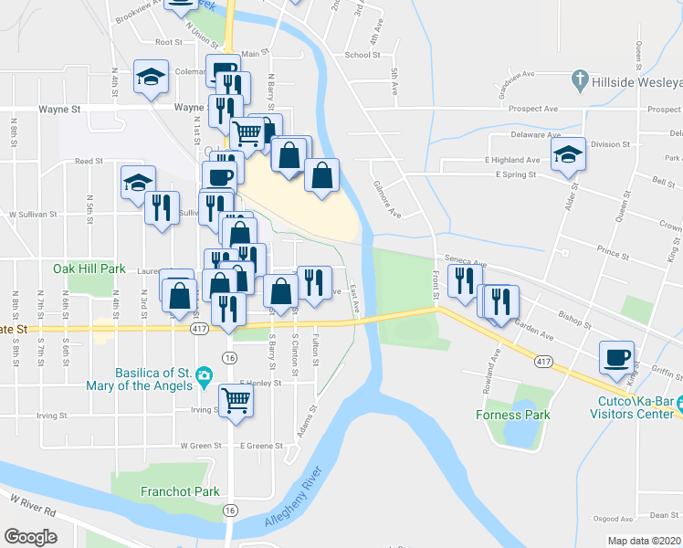 map of restaurants, bars, coffee shops, grocery stores, and more near 336 Tompkins Street in Olean