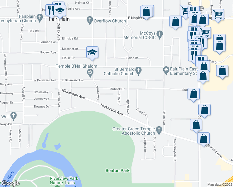 map of restaurants, bars, coffee shops, grocery stores, and more near 2114 Glen Drive in Benton Harbor