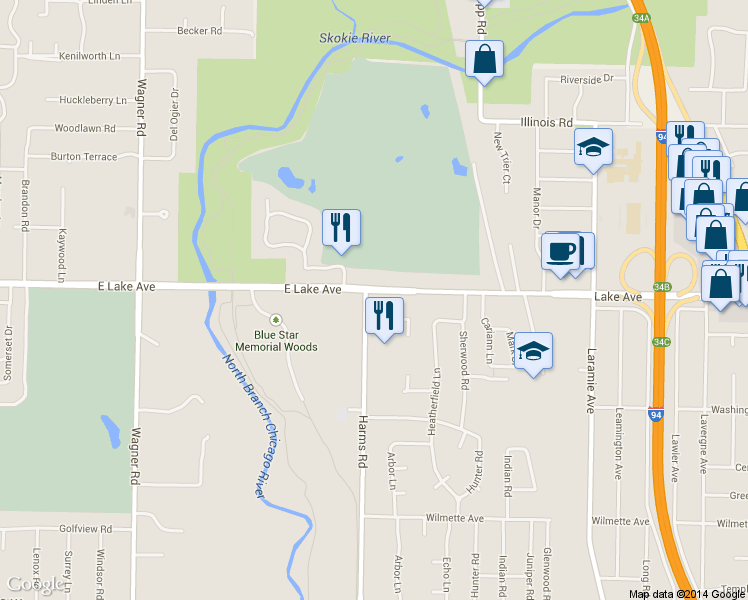 map of restaurants, bars, coffee shops, grocery stores, and more near 445 East Lake Avenue in Glenview