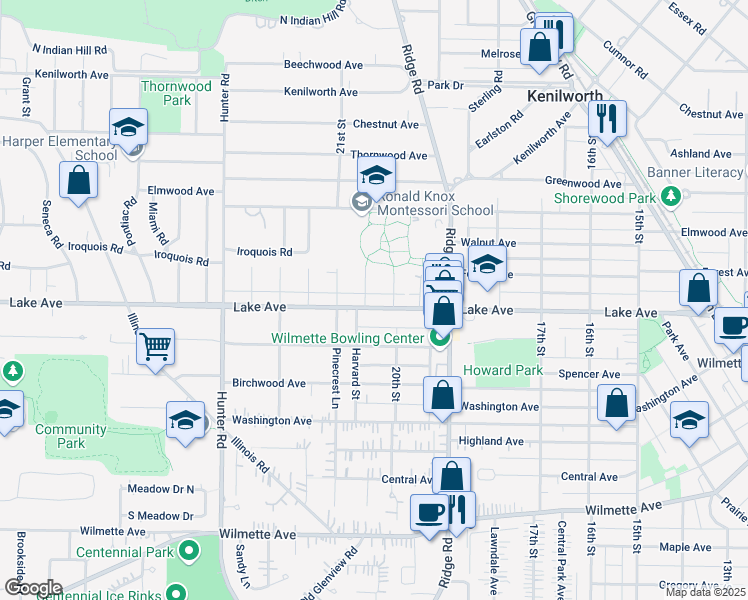 map of restaurants, bars, coffee shops, grocery stores, and more near 912 Harvard Lane in Wilmette