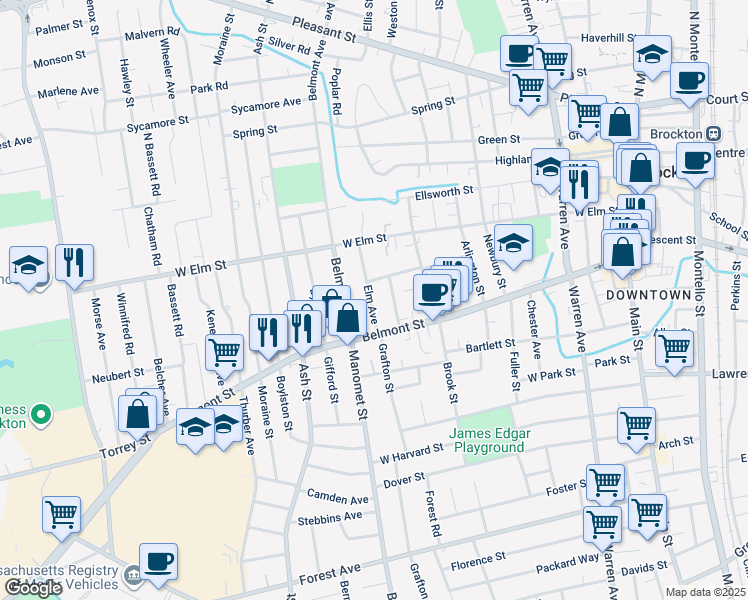 map of restaurants, bars, coffee shops, grocery stores, and more near 54 Elm Avenue in Brockton