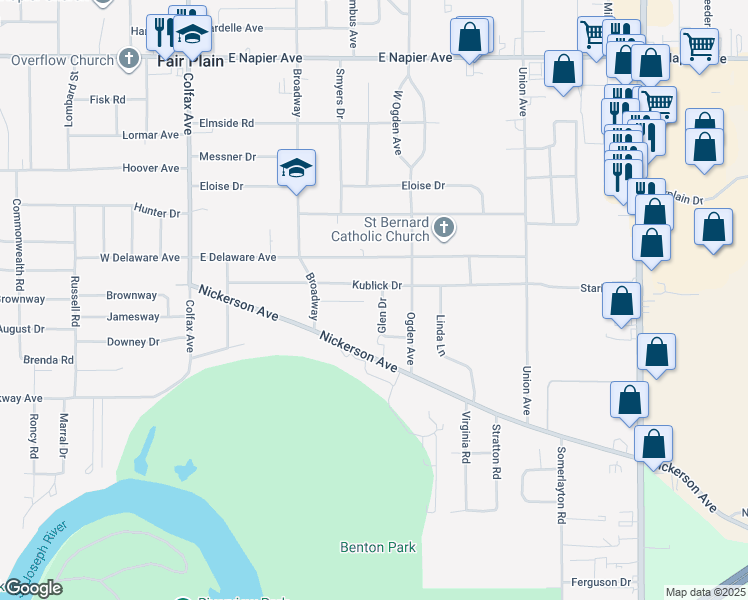 map of restaurants, bars, coffee shops, grocery stores, and more near 2114 Glen Drive in Benton Harbor