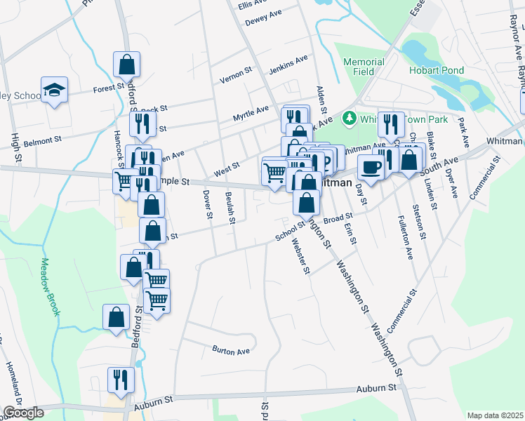 map of restaurants, bars, coffee shops, grocery stores, and more near 50 Legion Parkway in Whitman