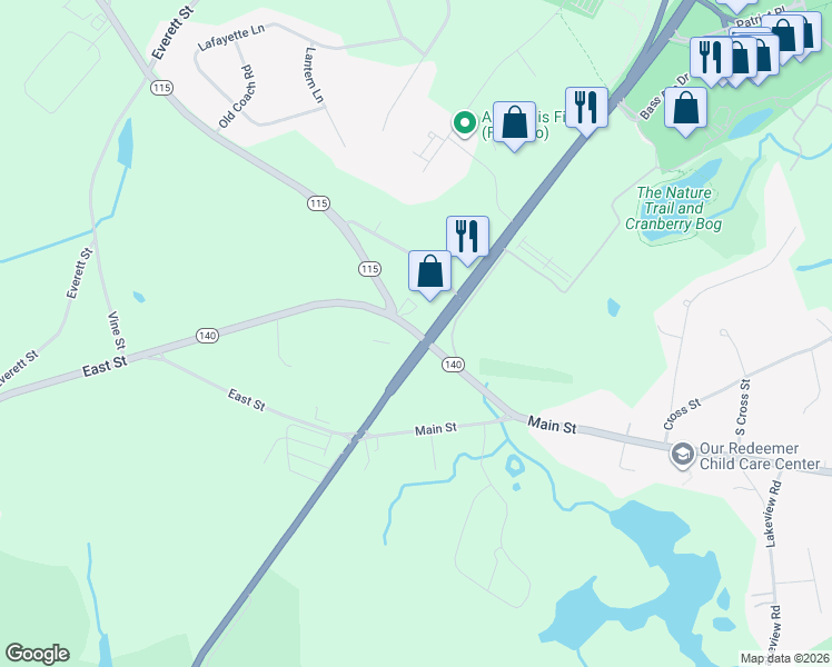 map of restaurants, bars, coffee shops, grocery stores, and more near 24 Pierce Street in Foxborough