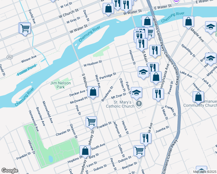 map of restaurants, bars, coffee shops, grocery stores, and more near 326 Broadway Street in Elmira