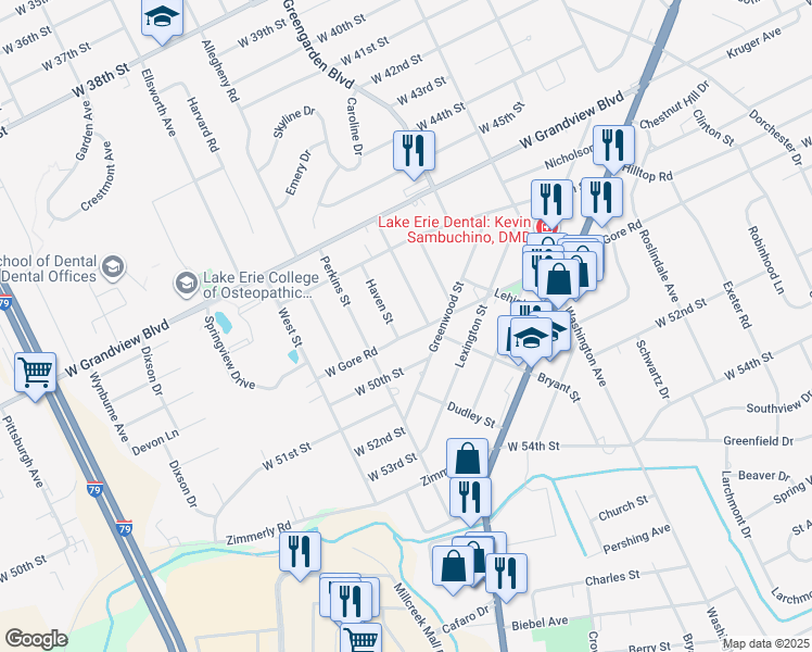 map of restaurants, bars, coffee shops, grocery stores, and more near 1720 W Gore Rd in Erie