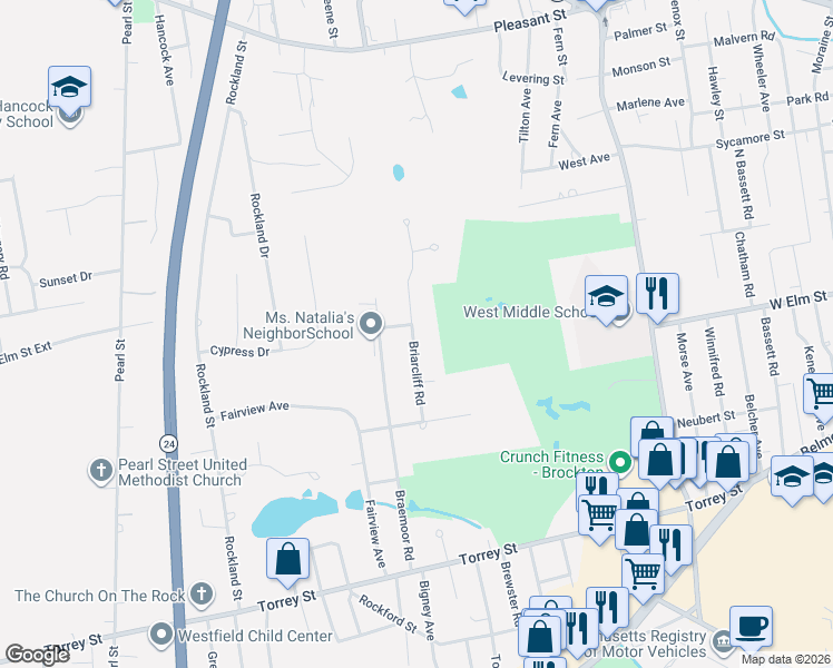 map of restaurants, bars, coffee shops, grocery stores, and more near 79 Briarcliff Road in Brockton