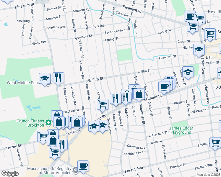 map of restaurants, bars, coffee shops, grocery stores, and more near 277 Moraine Street in Brockton