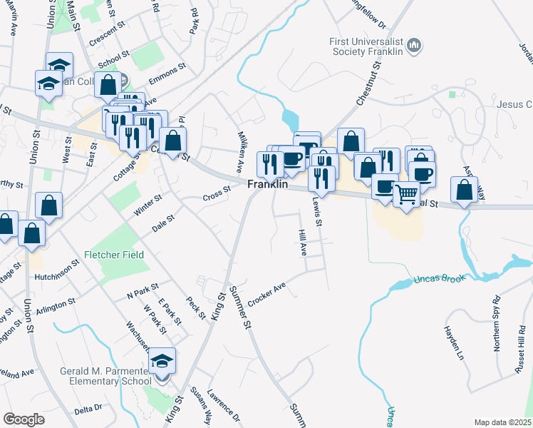map of restaurants, bars, coffee shops, grocery stores, and more near 12 Uncas Avenue in Franklin