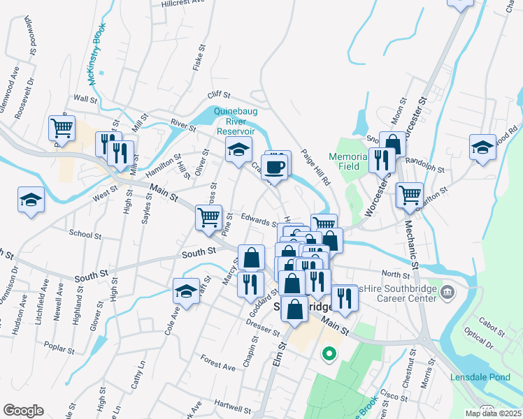 map of restaurants, bars, coffee shops, grocery stores, and more near 25 Marcy Street in Southbridge