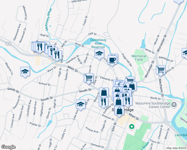 map of restaurants, bars, coffee shops, grocery stores, and more near 99 Cross Street in Southbridge