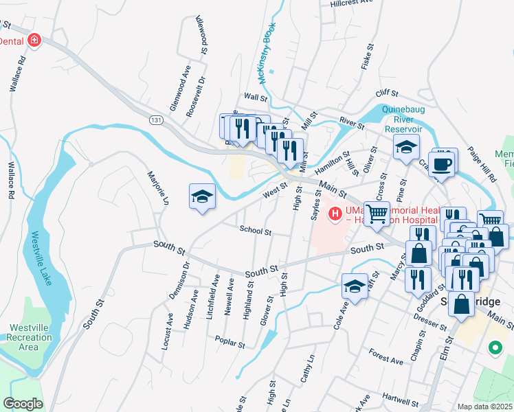 map of restaurants, bars, coffee shops, grocery stores, and more near 63 West Street in Southbridge