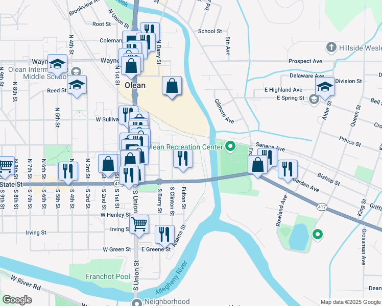 map of restaurants, bars, coffee shops, grocery stores, and more near 336 Tompkins Street in Olean
