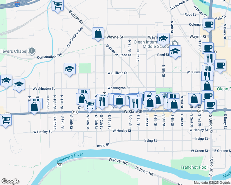 map of restaurants, bars, coffee shops, grocery stores, and more near 137 North 10th Street in Olean